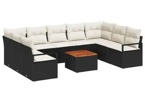 Set de 10 piese de canapea de grădină cu perne din poliratan negru și lemn de acacia. - 2/5