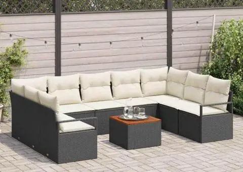 Set de 10 piese de canapea de grădină cu perne din poliratan negru și lemn de acacia. - 3/5