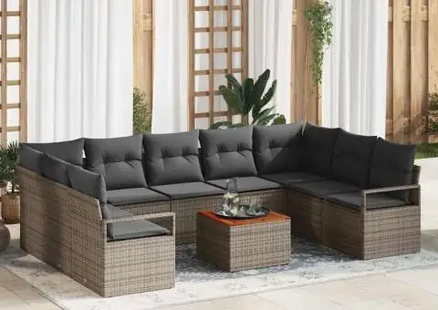 Canapea de grădină , 10 piese cu perne, gri, din răchită poli și acacia - 1/5