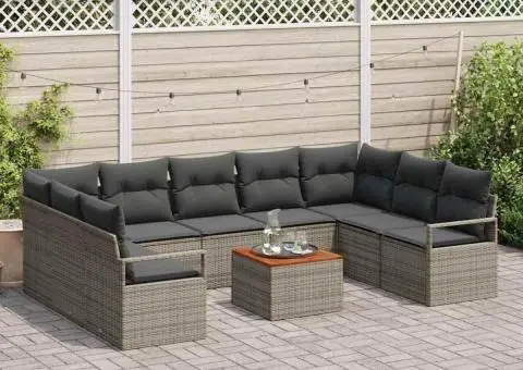 Canapea de grădină , 10 piese cu perne, gri, din răchită poli și acacia - 3/5