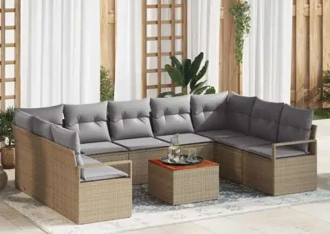Set de canapea de grădină cu 10 piese și perne bej din ratan poly Acacia - 1/5