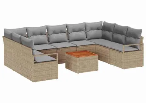 Set de canapea de grădină cu 10 piese și perne bej din ratan poly Acacia - 2/5