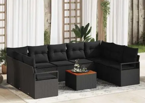 Set de grădină cu 10 piese: canapele cu perne negre din ratan sintetic și lemn de acacia - 1/5