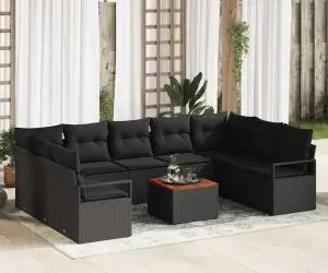 vidaXL Set de grădină cu 10 piese: canapele cu perne negre din ratan sintetic și lemn de acacia