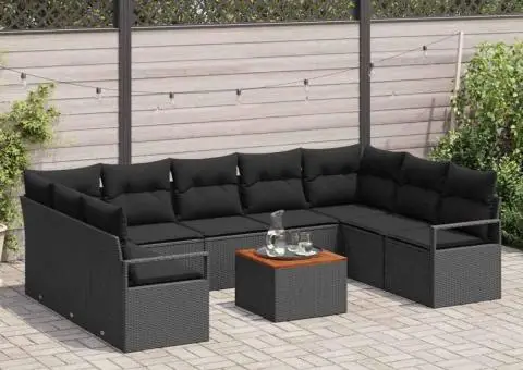 Set de grădină cu 10 piese: canapele cu perne negre din ratan sintetic și lemn de acacia - 3/5