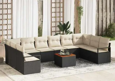 Set canapea grădină 11 piese cu perne negre din poliratan și lemn de acacia - 1/5