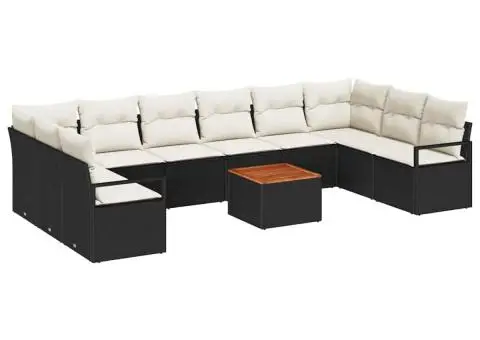 Set canapea grădină 11 piese cu perne negre din poliratan și lemn de acacia - 2/5