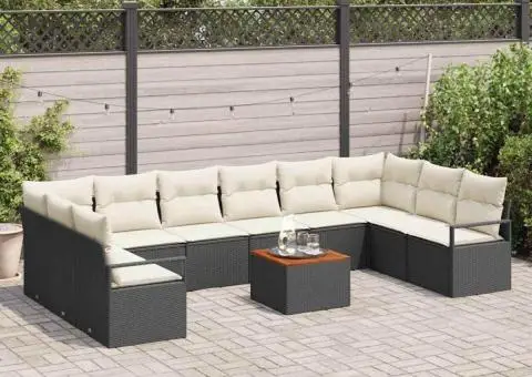 Set canapea grădină 11 piese cu perne negre din poliratan și lemn de acacia - 3/5