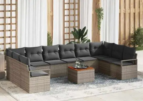 Set de canapea de grădină , 11 piese, cu perne gri, din ratan polyesteric și lemn de acacia - 1/5