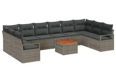 Set de canapea de grădină , 11 piese, cu perne gri, din ratan polyesteric și lemn de acacia - 2/5
