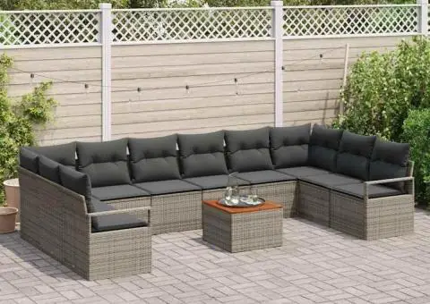 Set de canapea de grădină , 11 piese, cu perne gri, din ratan polyesteric și lemn de acacia - 3/5