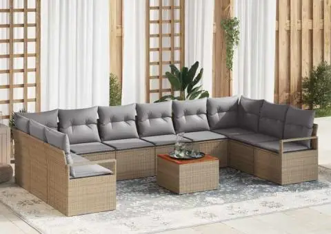 Set de canapea de grădină cu 11 piese, perne incluse, bej, din rattan sintetic și acacia. - 1/5