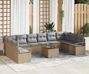 Set de canapea de grădină cu 11 piese, perne incluse, bej, din rattan sintetic și acacia.
