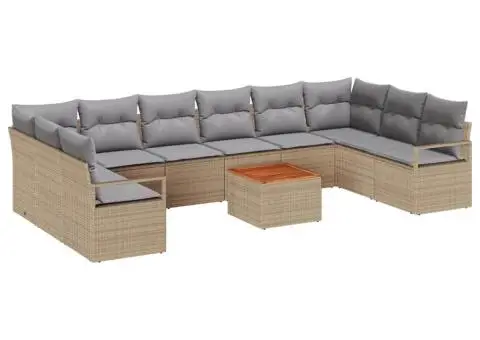 Set de canapea de grădină cu 11 piese, perne incluse, bej, din rattan sintetic și acacia. - 2/5