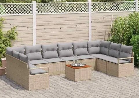 Set de canapea de grădină cu 11 piese, perne incluse, bej, din rattan sintetic și acacia. - 3/5