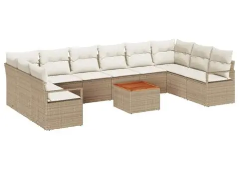 Set de canapele de grădină 11 piese cu perne bej din ratan sintetic și lemn de acacia - 2/5