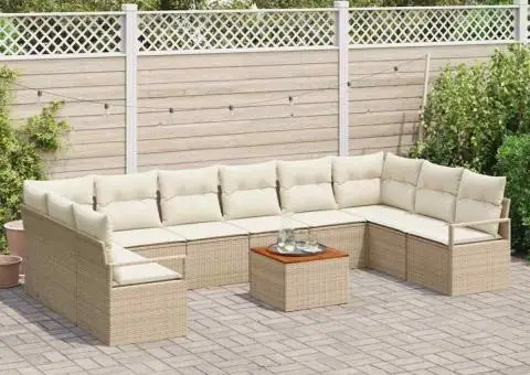 Set de canapele de grădină 11 piese cu perne bej din ratan sintetic și lemn de acacia - 3/5