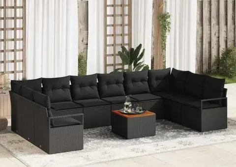 Set de canapea de grădină cu 11 piese cu perne Negru Poliratan Acacia - 1/5