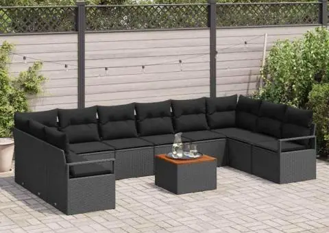 Set de canapea de grădină cu 11 piese cu perne Negru Poliratan Acacia - 3/5
