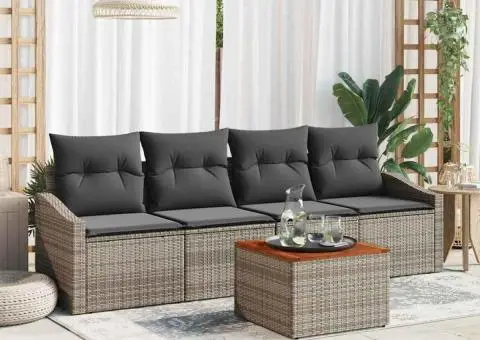 Set de canapea pentru grădină , 5 piese, perne gri din ratan polimeric și acacia - 1/5