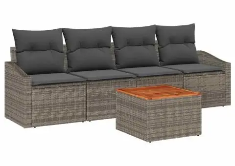 Set de canapea pentru grădină , 5 piese, perne gri din ratan polimeric și acacia - 2/5