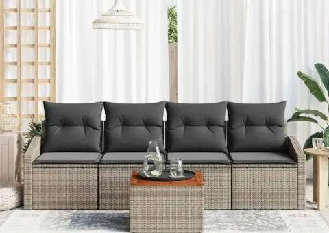 Set de canapea pentru grădină , 5 piese, perne gri din ratan polimeric și acacia - 3/5