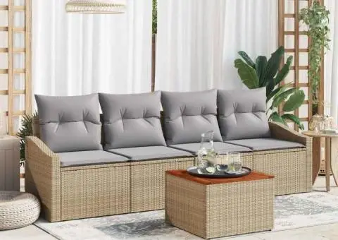 Set de canapea de grădină din 5 piese cu perne, bej, din ratan sintetic și lemn de acacia - 1/5