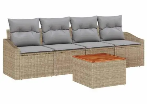 Set de canapea de grădină din 5 piese cu perne, bej, din ratan sintetic și lemn de acacia - 2/5