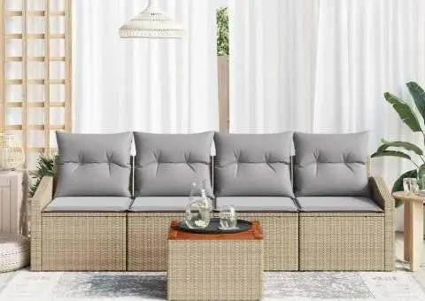 Set de canapea de grădină din 5 piese cu perne, bej, din ratan sintetic și lemn de acacia - 3/5