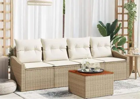 Set de canapea de grădină, 5 piese, cu perne bej din rattan și lemn de acacia. - 1/5