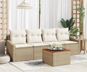Set de canapea de grădină, 5 piese, cu perne bej din rattan și lemn de acacia.