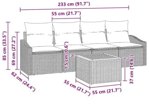 Set de canapea de grădină, 5 piese, cu perne bej din rattan și lemn de acacia. - 5/5