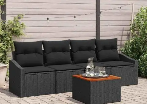 Set de canapea de grădină 5 piese cu perne, negru, din rattan polimeric, acacia - 1/5
