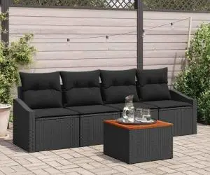 vidaXL Set de canapea de grădină 5 piese cu perne, negru, din rattan polimeric, acacia