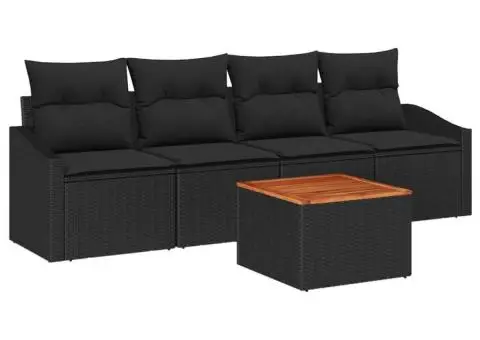 Set de canapea de grădină 5 piese cu perne, negru, din rattan polimeric, acacia - 2/5