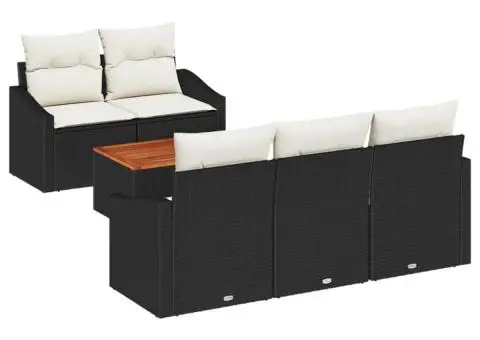 Set canapea grădină , 6 piese, cu perne, Negru, Poli Rattan, Acacia - 2/5