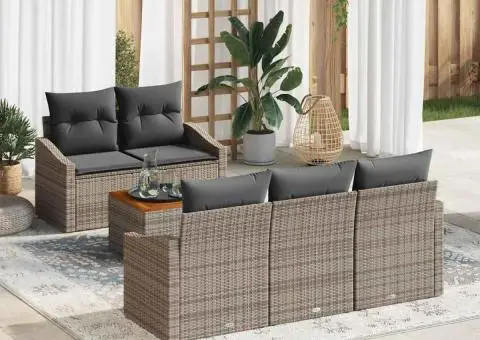 Set de mobilă pentru grădină, 6 piese, cu perne gri din rattan și lemn de acacia - 1/5