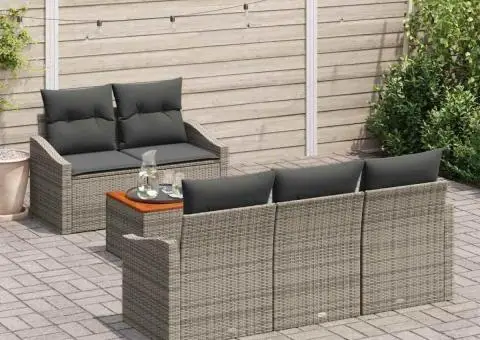Set de mobilă pentru grădină, 6 piese, cu perne gri din rattan și lemn de acacia - 3/5