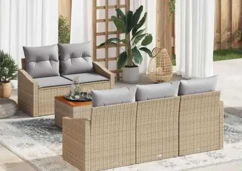 Set de canapea de grădină 6 piese cu perne, din rattan sintetic și acacia, bej - 1/5