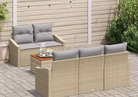 Set de canapea de grădină 6 piese cu perne, din rattan sintetic și acacia, bej - 3/5