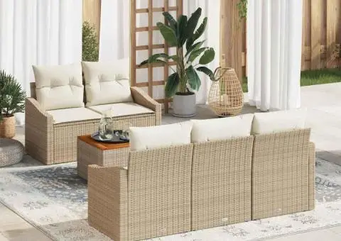 Set de canapele de grădină, 6 piese, cu perne bej, din ratan poliesteric și lemn de acacia - 1/5