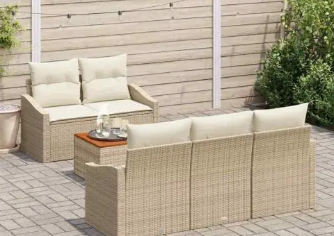 Set de canapele de grădină, 6 piese, cu perne bej, din ratan poliesteric și lemn de acacia - 3/5