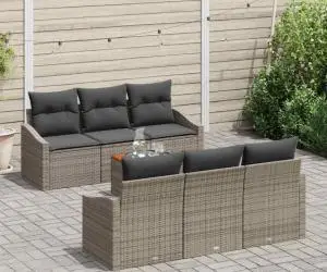 Set de canapea de grădină de 7 piese cu perne gri din rattan sintetic și lemn de acacia