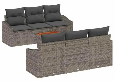 Set de canapea de grădină de 7 piese cu perne gri din rattan sintetic și lemn de acacia - 2/5