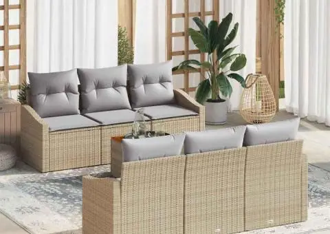 Set de canapea de grădină din 7 piese cu perne bej din poli ratan și acacia - 1/5