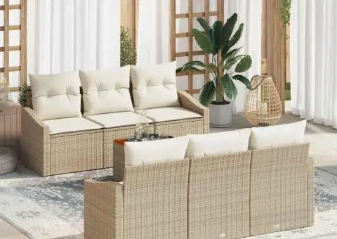 Set de canapea pentru grădină cu 7 piese, cu perne, bej, din rattan poli și lemn de acacia - 1/5