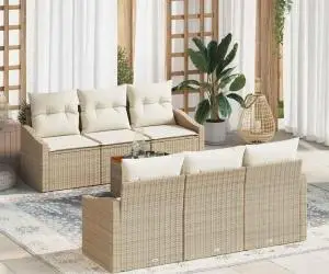 Set de canapea pentru grădină cu 7 piese, cu perne, bej, din rattan poli și lemn de acacia