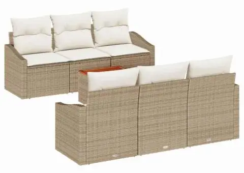 Set de canapea pentru grădină cu 7 piese, cu perne, bej, din rattan poli și lemn de acacia - 2/5