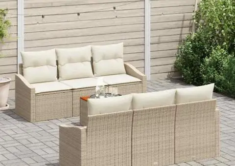 Set de canapea pentru grădină cu 7 piese, cu perne, bej, din rattan poli și lemn de acacia - 3/5