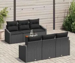 Set de grădină cu 7 piese, perne incluse, Negru, Rattan polițat, Acacia